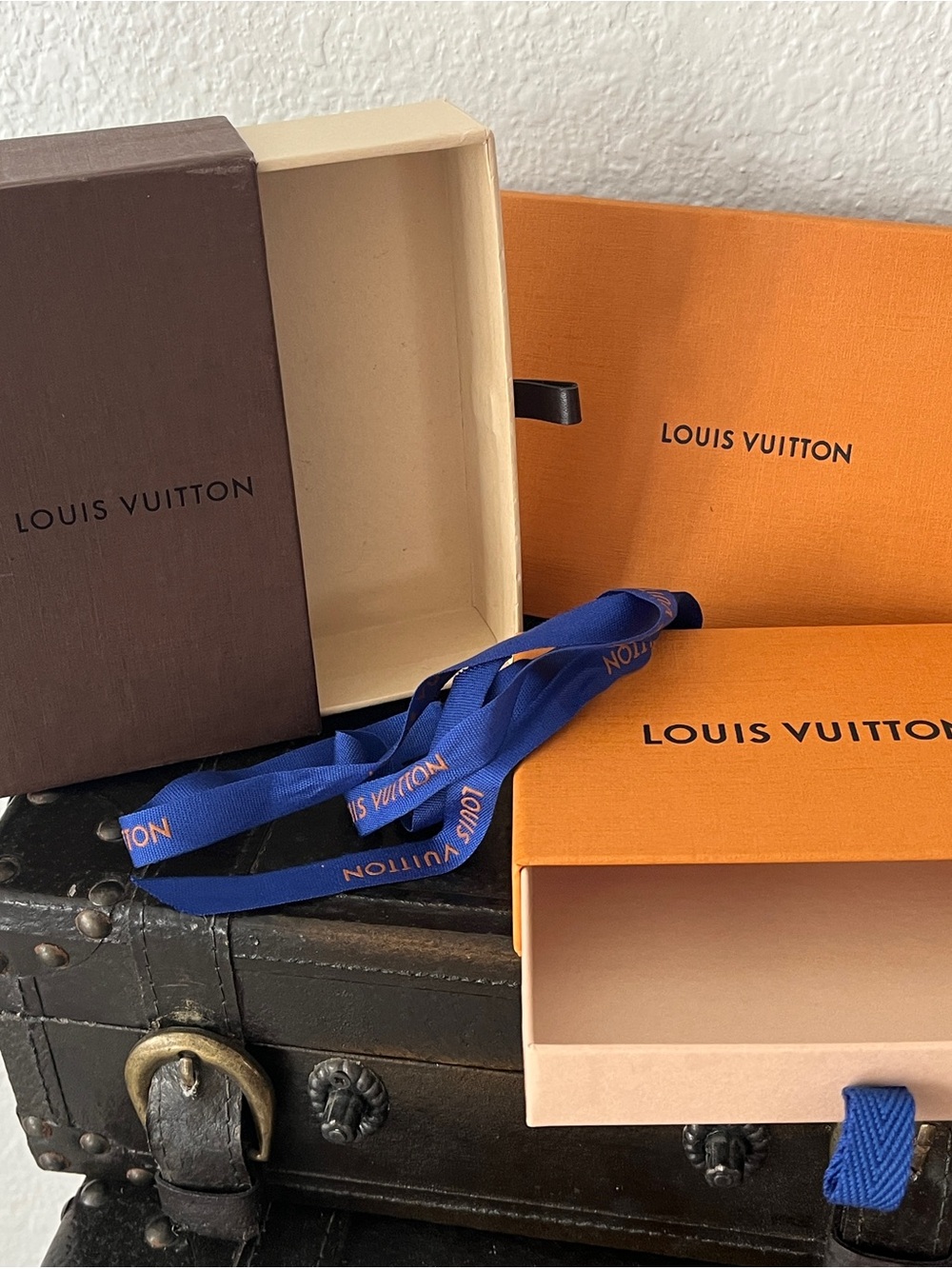 Louis Vuitton Orange and Brown Wallet Boxes with Blue Ribbon